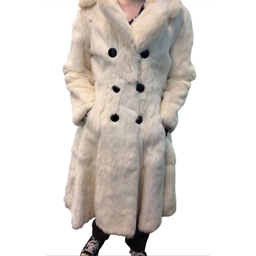 LL Berger White Genuine Rabbit Fur Coat Women’s Size Small Belted, button Up Vin - Picture 4 of 8